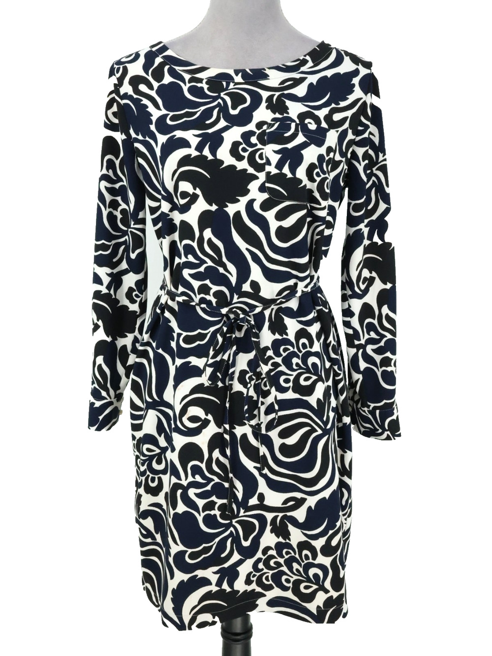 Loft Dress Womens Small White Black Floral Stretch Knit Belt Shift Side Slits